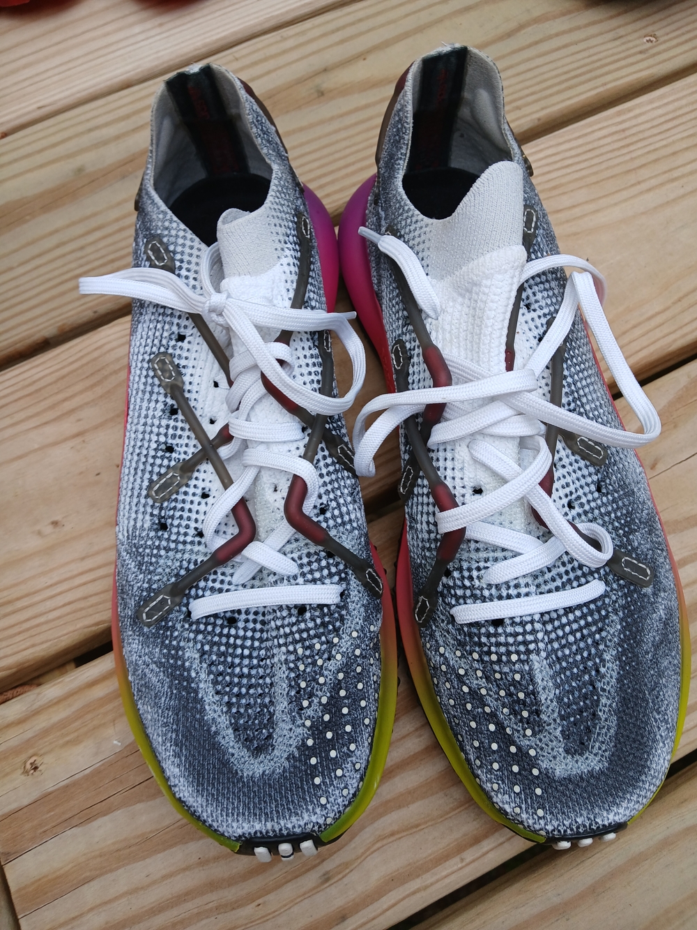 adidas Men’s Knit Athletic Running Shoes - White with Gray, Pink & Yellow